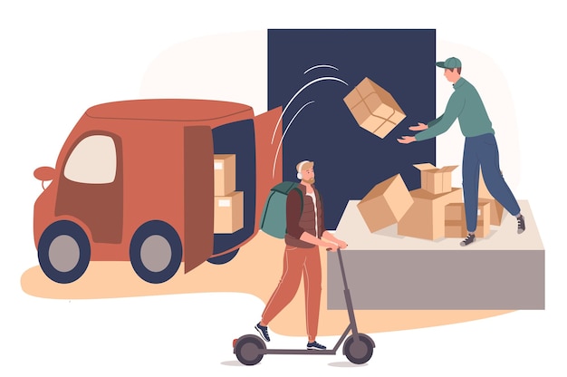 Delivery service web concept. Postal service worker working in warehouse, loading parcels. Courier delivers orders to client