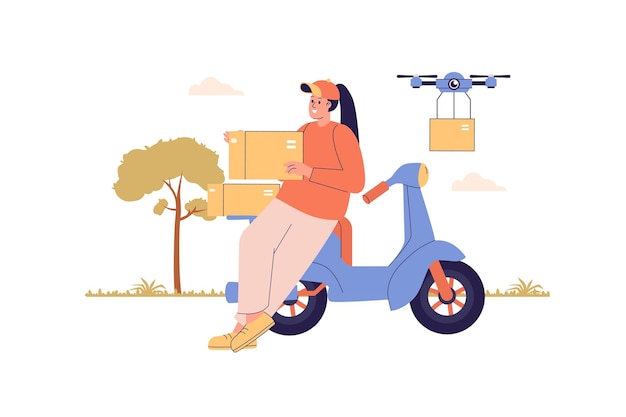 Delivery service web concept with people scene Woman working as courier and delivering parcels at motorbike postal drone flying with box Character situation in flat design Vector illustration