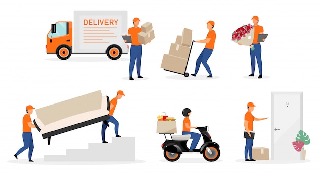 Delivery service workers flat illustrations set.