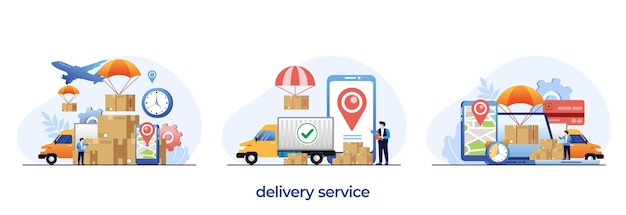 Delivery services concept online delivery application worldwide express deliver shopping package flat illustration vector