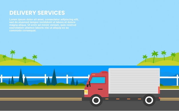 Delivery services on the highway near the sea for banner webpage landscape background