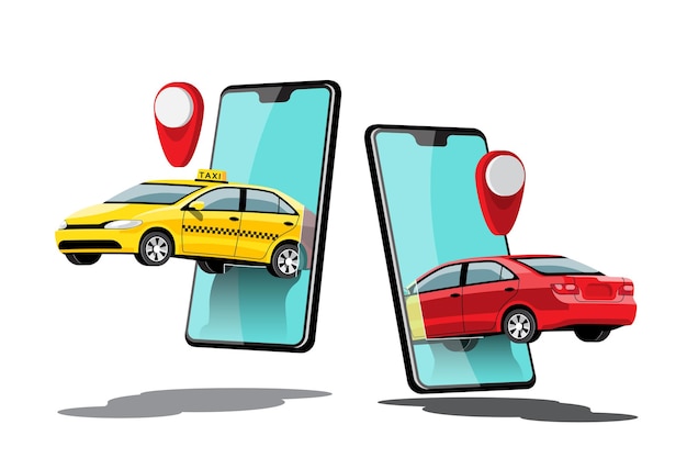 Delivery Taxi Online car sharing with cartoon character and smartphone Smart city transportation concept,  illustration