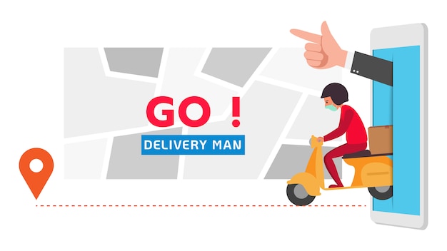 Delivery Transportation business By ordering via mobile phone, phone Cartoon character illustration.