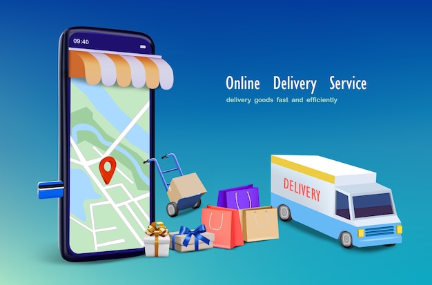 Delivery truck with shopping bag and map application  for online shopping