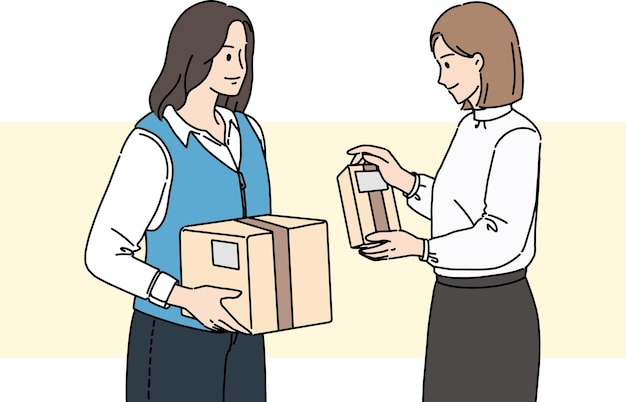 A delivery woman delivering a box to a woman illustration