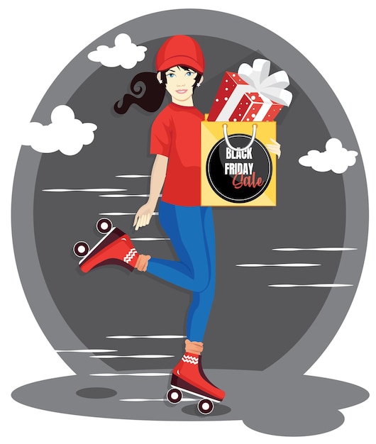 Delivery woman holding shopping bag with gift box. black friday sale promo.