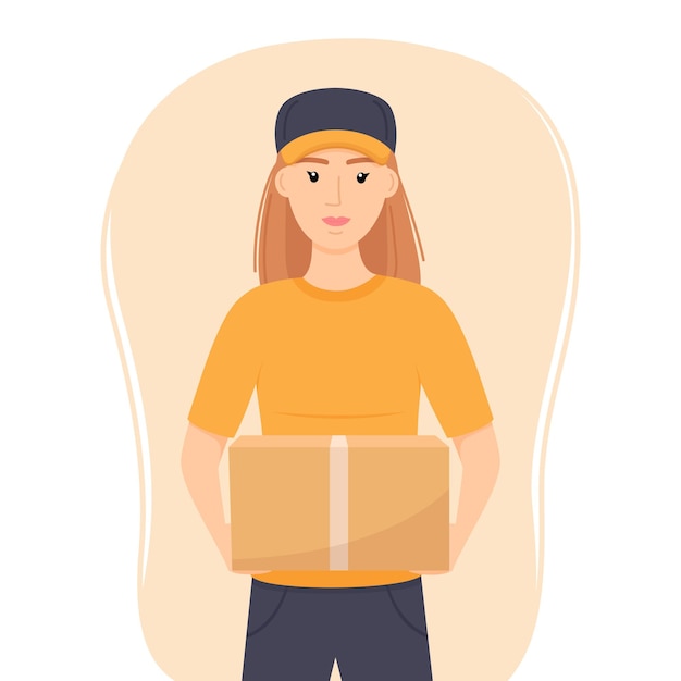 Delivery woman in uniform holding box Delivery service Vector illustration