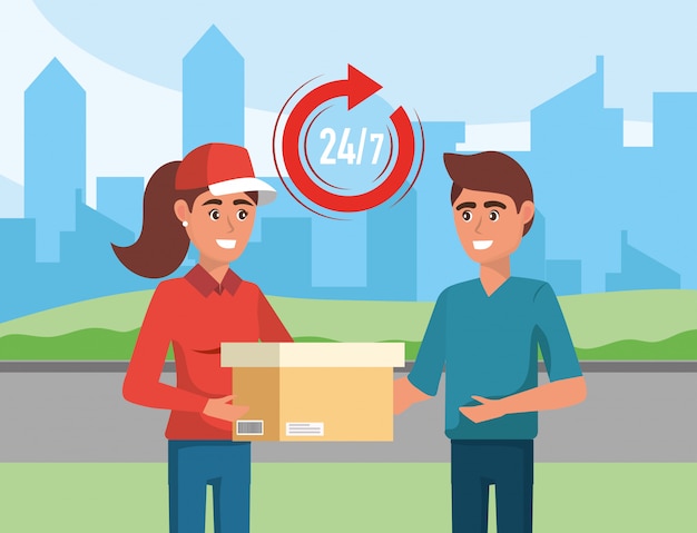 delivery woman with box distribution service to a man