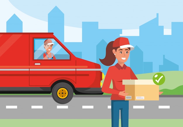 delivery woman with package and man in the van transport