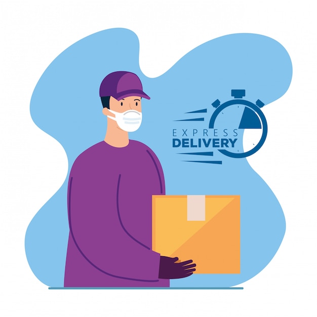 Delivery worker using face mask with box package