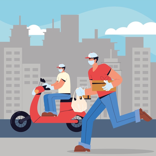 delivery workers wearing facial masks riding a motorcycle and running with boxes