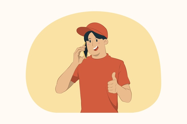 Delivery young man hold cellphone show thumb up gesture concept