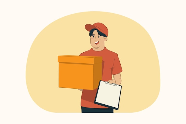 Delivery young man hold empty cardboard box and clipboard 