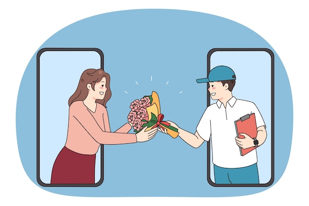 Deliveryman give flowers to woman through cell screen