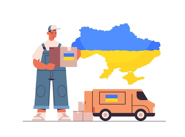 deliveryman giving help box with Ukraininan flag to refugees humanitarian aid material assistance governmental help concept save Ukraine from russia stop war horizontal vector illustration