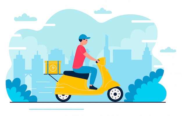 Deliveryman illustration. Cartoon flat fast courier, postman character driving scooter, delivering package box in express shipment to home address. Fast delivery service isolated