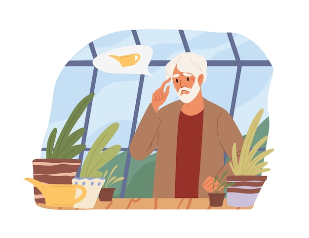 Dementia, Alzheimer's disease and lost memory concept. Senior man forgot watering plants. Colored flat graphic vector illustration of old person with mental problems isolated on white background.