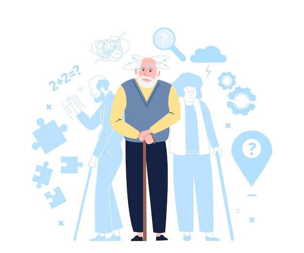 Vector dementia disease concept with seniors elderly loss memory brain disease and alzheimer symptoms support old people patients recent vector scene illustration of alzheimer disease