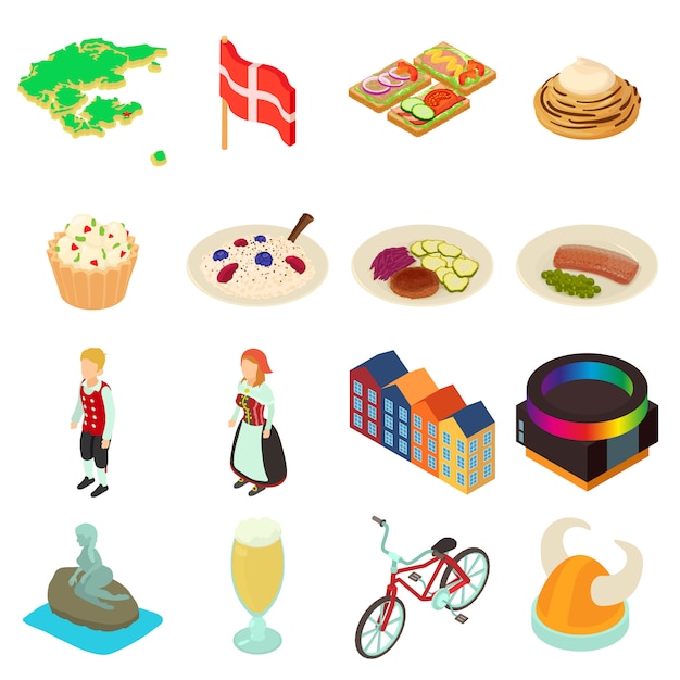 Denmark travel icons set. Isometric illustration of 16 Denmark travel vector icons for web