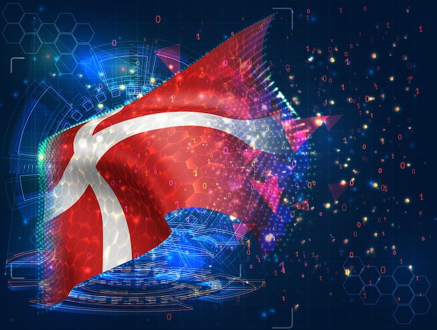 Denmark vector flag virtual abstract 3D object from triangular polygons on a blue background