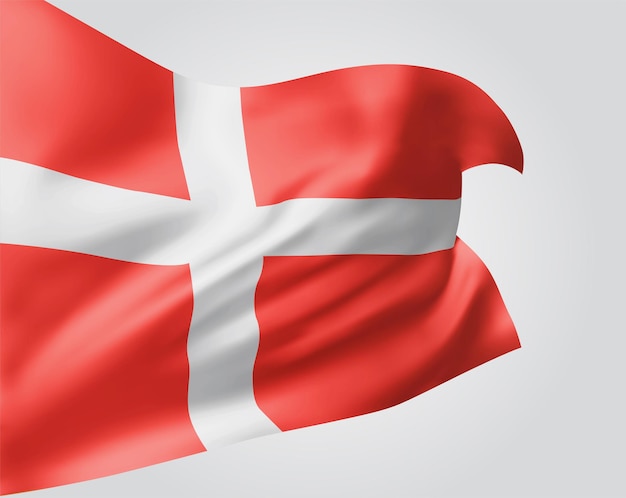 Denmark, vector flag with waves and bends waving in the wind on a white background.