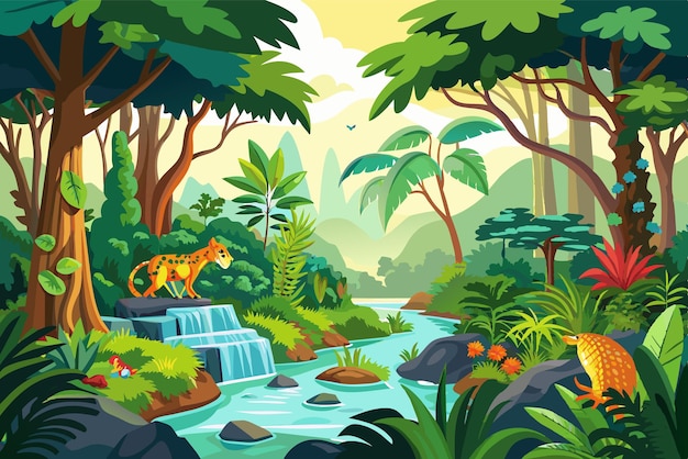 Vector a dense jungle filled with various plants surrounds a soothing waterfall that flows into a tranquil stream showcasing diverse wildlife and natural beauty