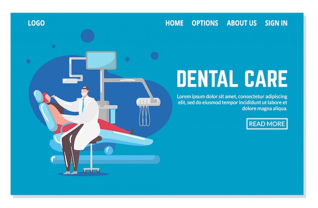 Dental care and dentistry webpage template with doctor and patient in chair curing unhealthy tooth   illustration.