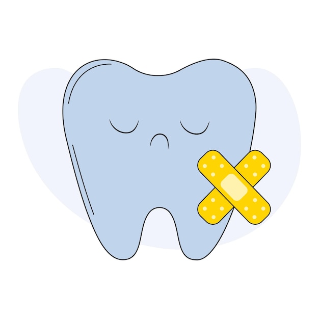 Dental care icon Sad tooth with adhesive bandage Flat vector illustration