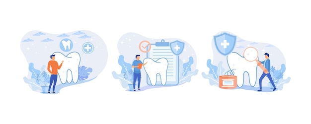 Dental care illustration set. Doctor dentist and medical staff taking care about teeth.