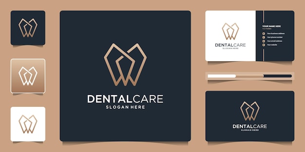 Dental care logo with simple line logo design and business card