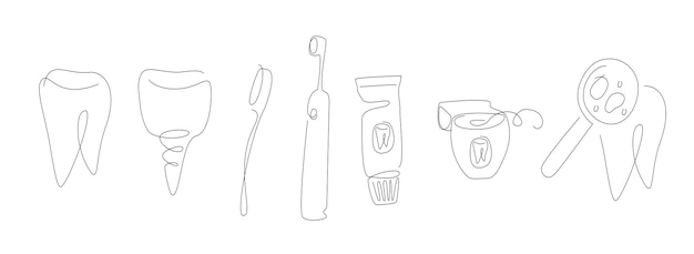 Dental care one line set Tooth line art set Outline implant vector illustration One line tooth brush