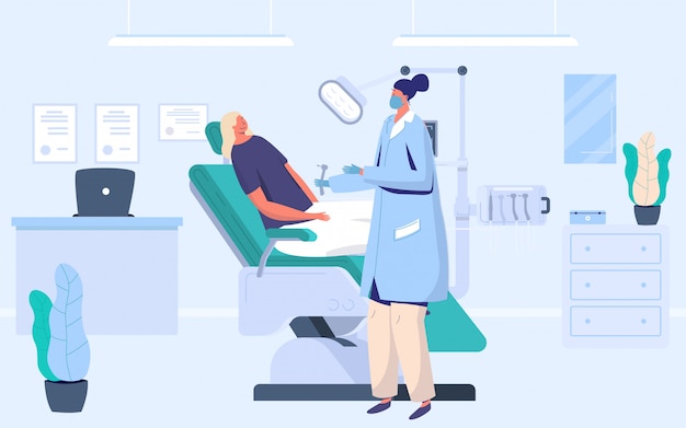 Dental clinic doctor and patient, cartoon characters illustration