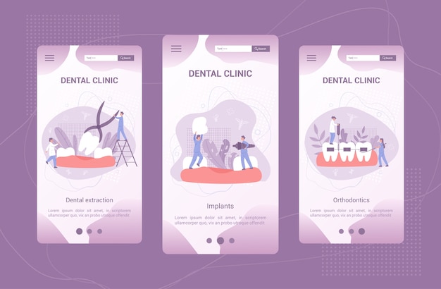 Dental clinic mobile application banner set. Dentistry concept. Idea of dental care and oral hygiene. Medicine and health. Stomatology and teeth treatment.   