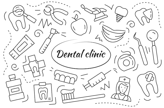 Dental clinic related set. Vector elements and objects dentistry collection. Linear illustration medical symbols.