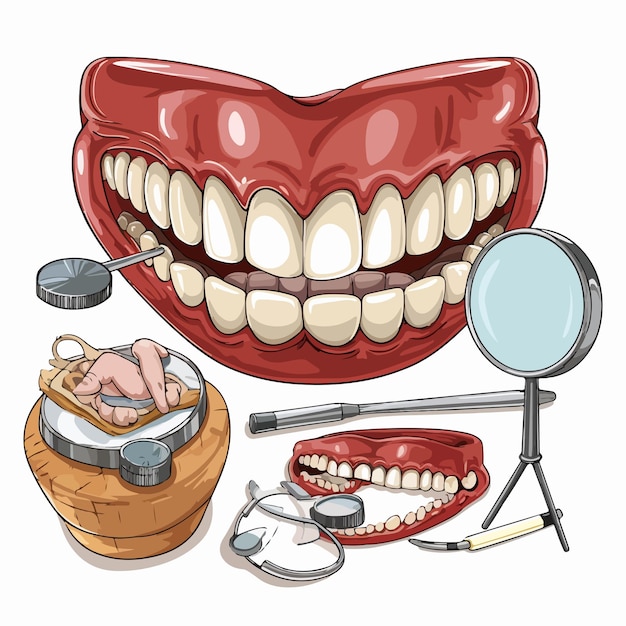 Vector dental instruments examining patient teeth inside human mouth