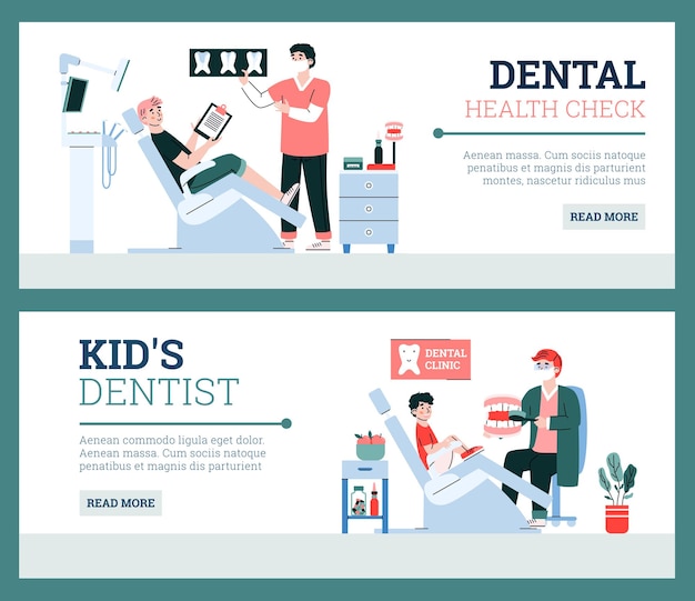 Dental kids and adults care banners or flyers set cartoon vector illustration