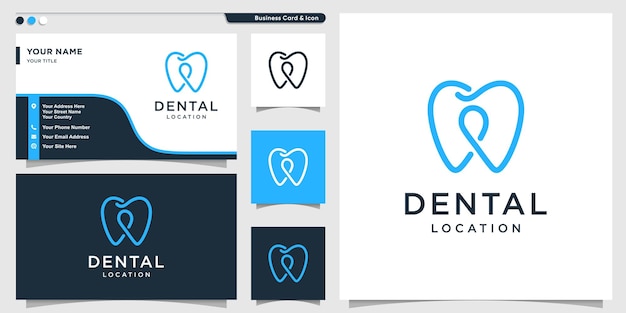 Dental logo with pin location line art style and business card design template Premium Vector