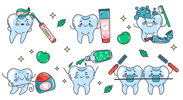 Dental tooth care teeth characters brush abstract concept set