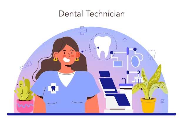 Dentist concept. Dental doctor in uniform treating human teeth using medical equipment. Dental technician setting an implant or veneer. Flat vector illustration