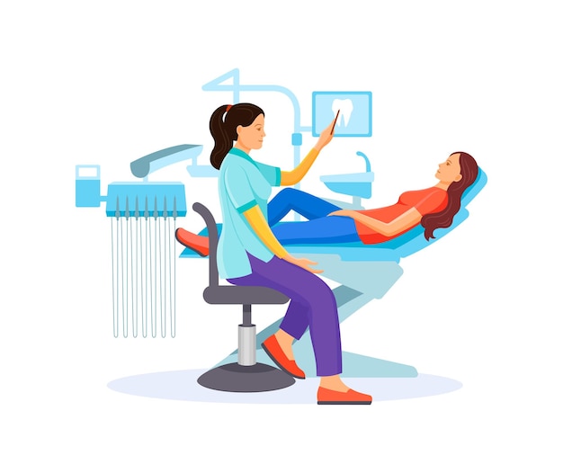 Dentist doctor examining patient girl lying at dentistry office chair vector