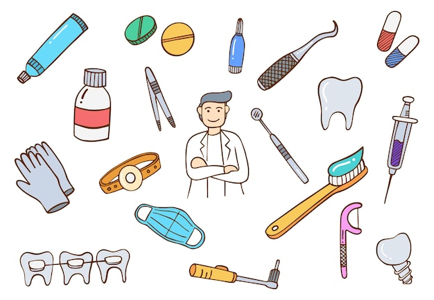 Dentist doctor jobs profession concept doodle hand drawn set collections with flat outline style