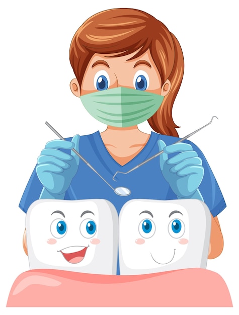 Dentist holding instruments and examining teeth on white backgro