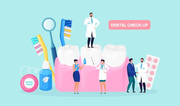 Dentist is checking, taking good care and cleaning tooth. Tiny doctors examining teeth, taking dental and oral care. Cavity, caries treatment