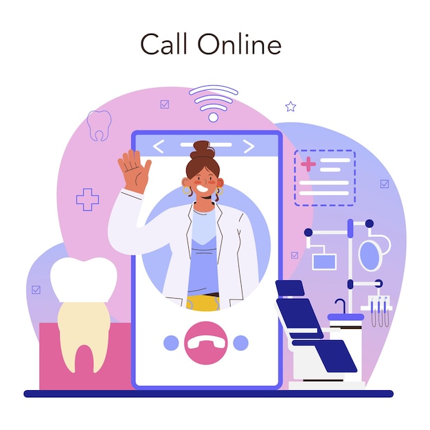 Dentist online service or platform. Doctor treating human teeth. Dental technician setting an implant or veneer. Online call. Flat vector illustration