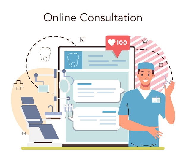 Dentist online service or platform. Online consultation. Flat vector illustration