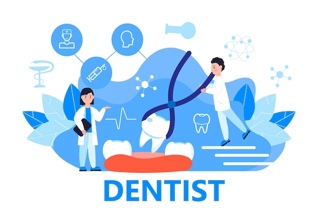 Dentist service vector concept for landing page Tiny dentists make xray scan of teeth to help toothache to whiten enamel or recovery implant Online conference for dentistry specialist