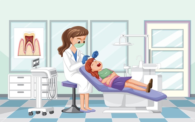 Dentist woman examining patient teeth in clinic