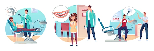 Dentistry  compositions  set  with  flat  human  characters  of  adult  patients  kids  and  dental  surgeons  in  office    illustration