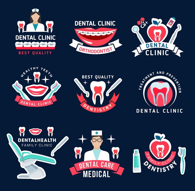 Vector dentistry and dental care clinic symbols