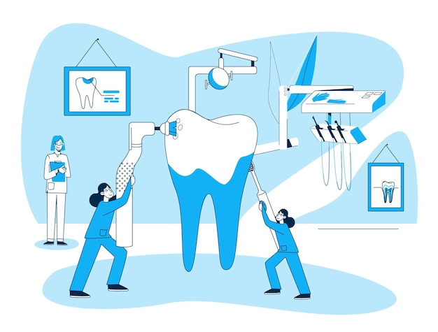 Dentistry flat composition with view of doctors office and small human characters taking care of tooth vector illustration